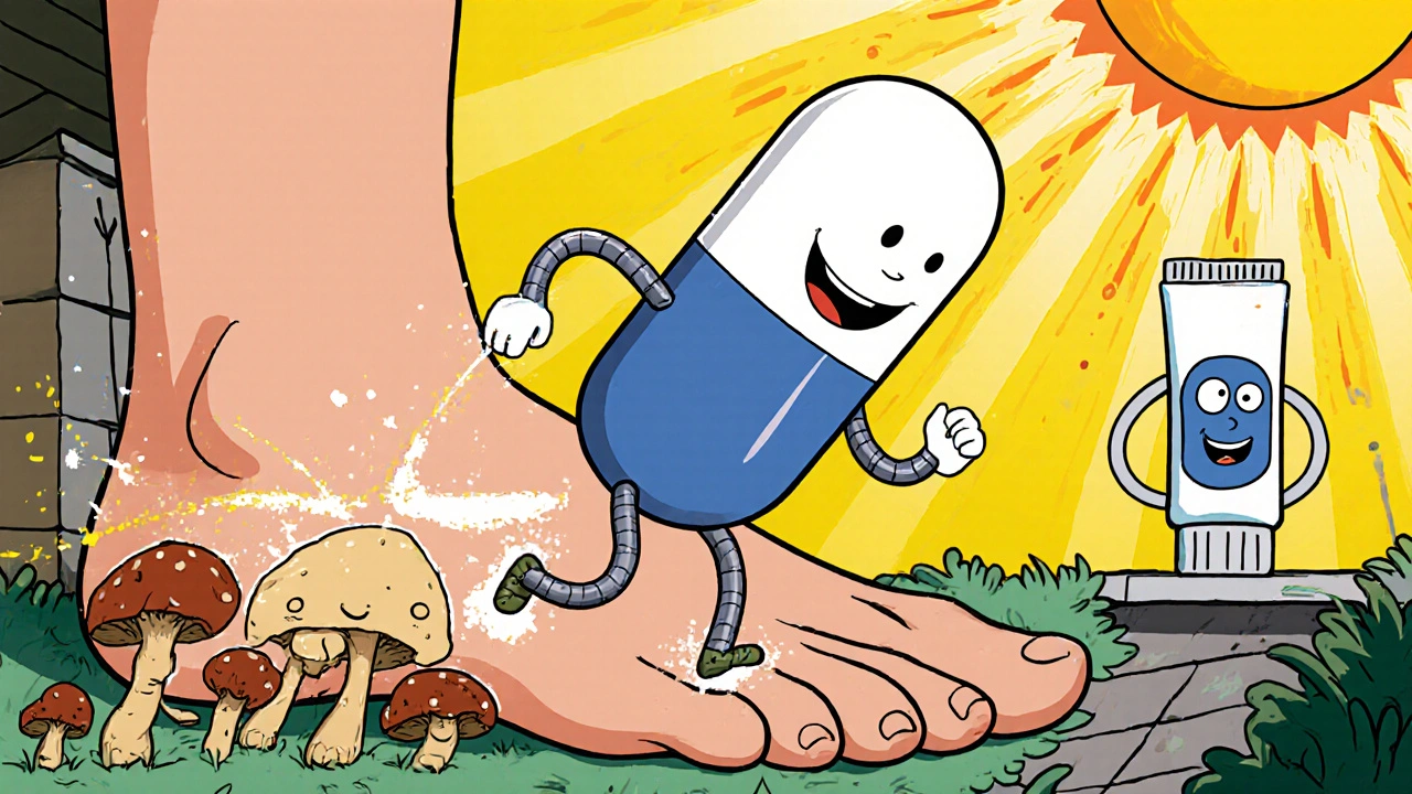 A running antifungal pill defeating fungi in shoes and socks, with a drying shoe in the background.