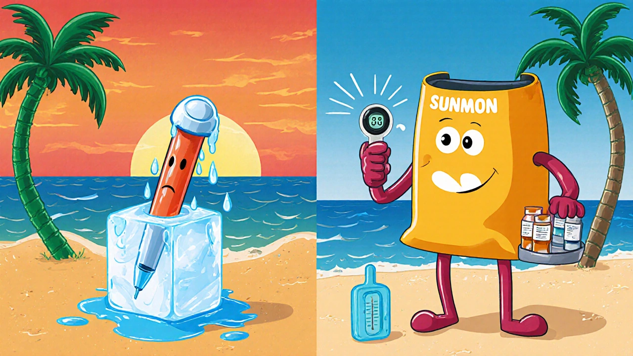 A sad insulin pen in a melting cooler contrasts with a brave insulated bag keeping meds safe at the beach.