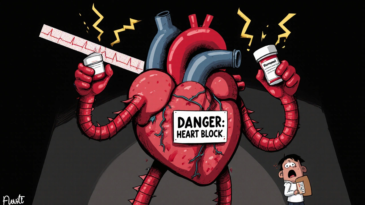 A spiky heart freezing mid-beat from dangerous drug combo of verapamil and propranolol, with warning sparks.