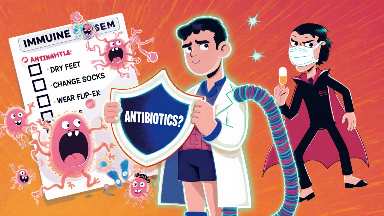 A superhero immune system fighting yeast monsters while a resistant fungus escapes with a pill.