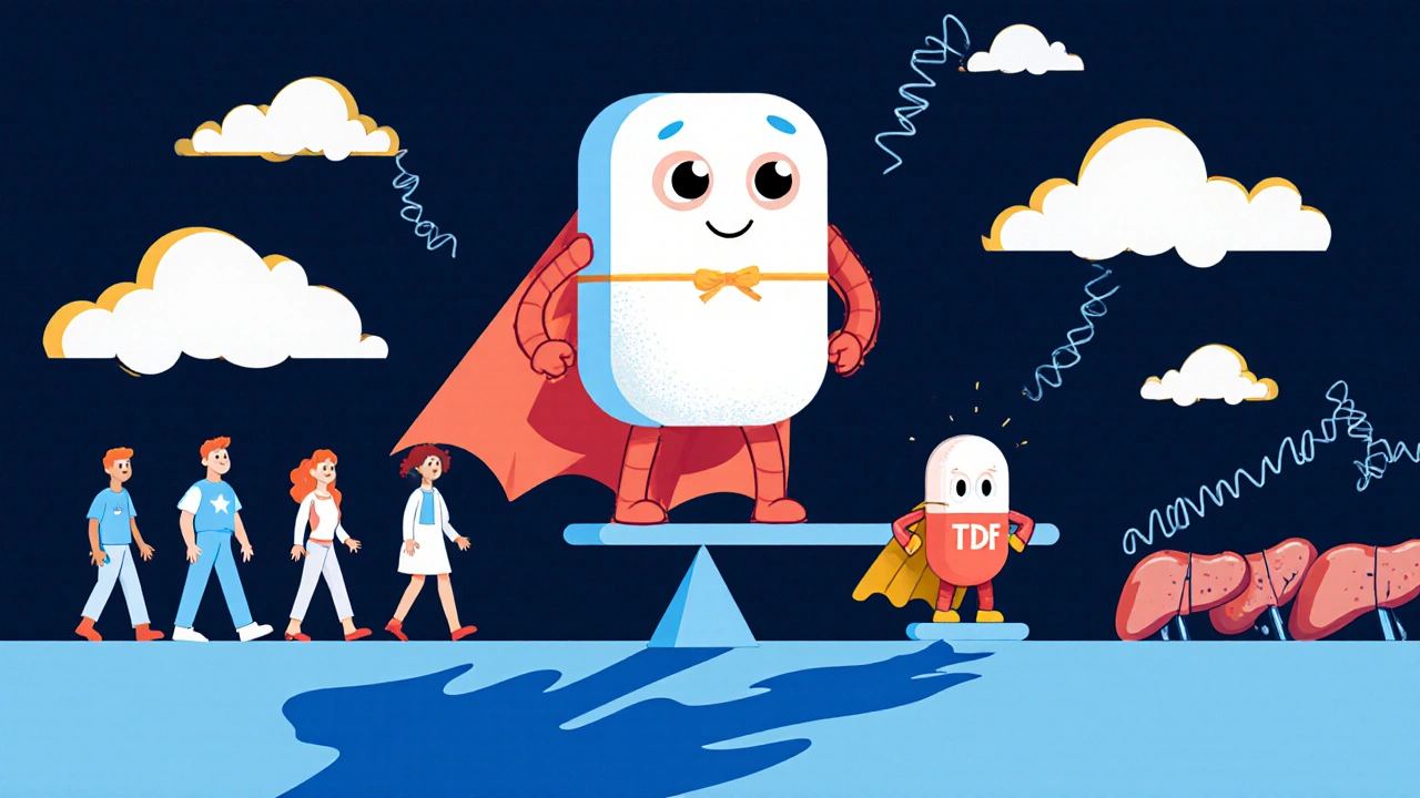 A superhero tenofovir tablet standing tall beside a defeated older pill, patients walking toward health.