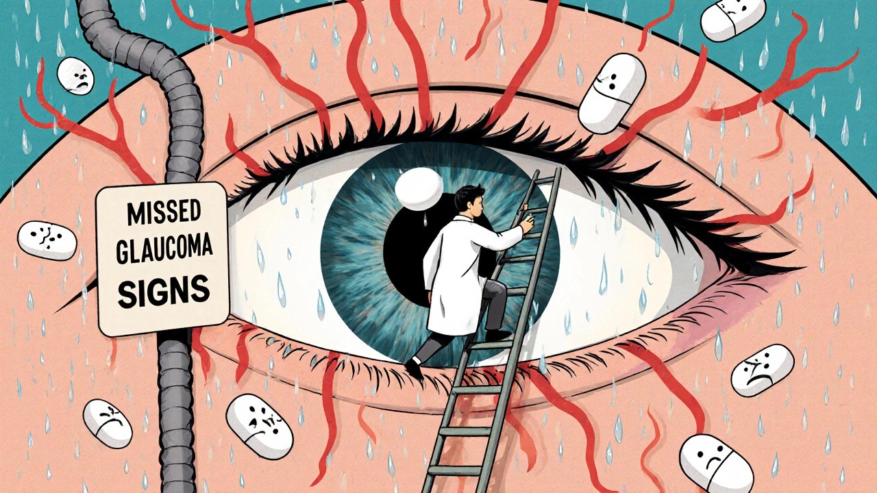 A tiny doctor crawling through a blood vessel ladder toward the retina, blocked by a &#039;Missed Glaucoma Signs&#039; wall.