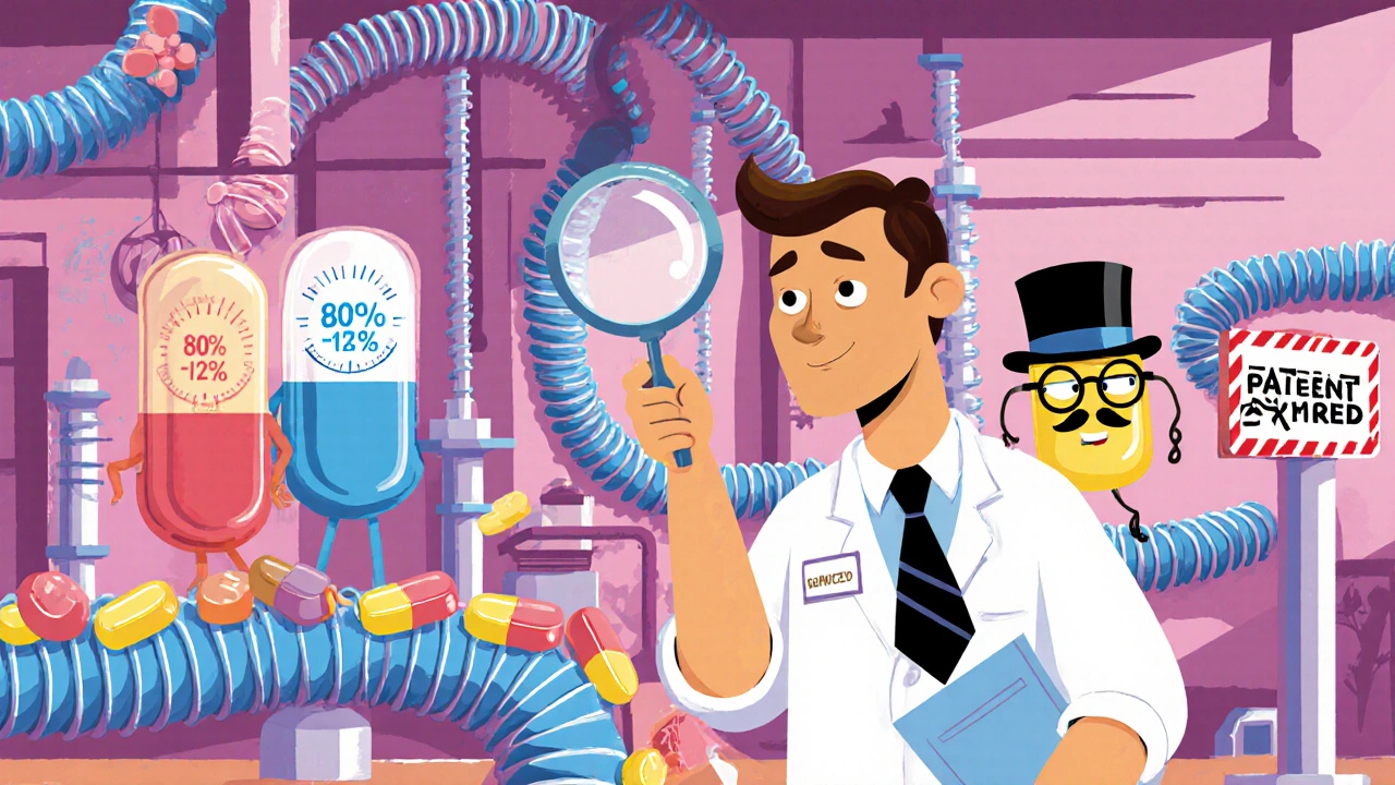 A whimsical FDA inspector checks pills in a candy-like factory with springy workers and glowing bioequivalence gauges.