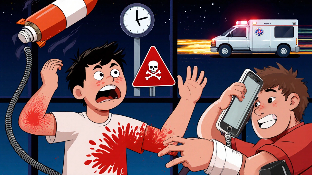 Child with rash and parent calling 911, medicine bottle overturned, warning sign glowing, ambulance approaching.