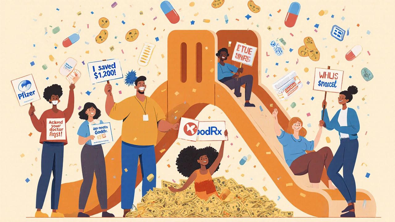 Diverse group celebrating safe medication savings with pill splitter slide and assistance program icons