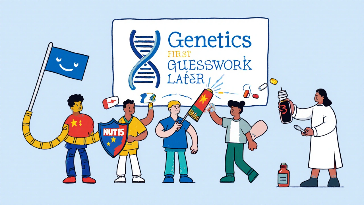 Diverse patients protected by genetic testing shields, with a doctor preventing dangerous drug interactions.