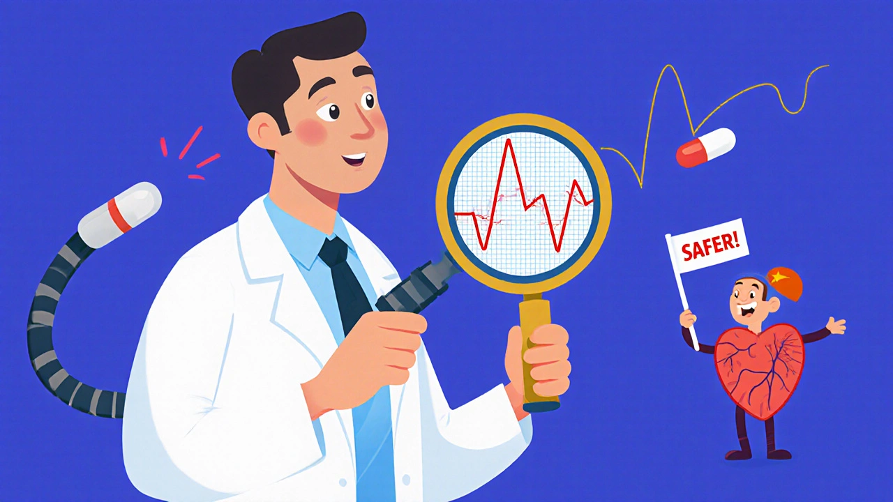 Doctor examining an ECG that changes from dangerous flatline to healthy wave after swapping verapamil for amlodipine.