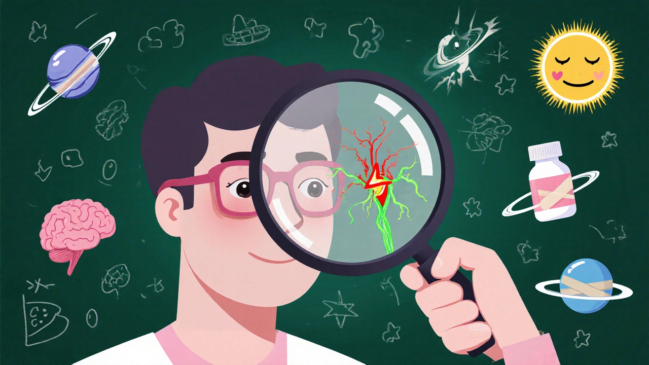 Doctor examining an eye with glowing nerves, patient wearing rose-tinted glasses surrounded by floating medical icons.