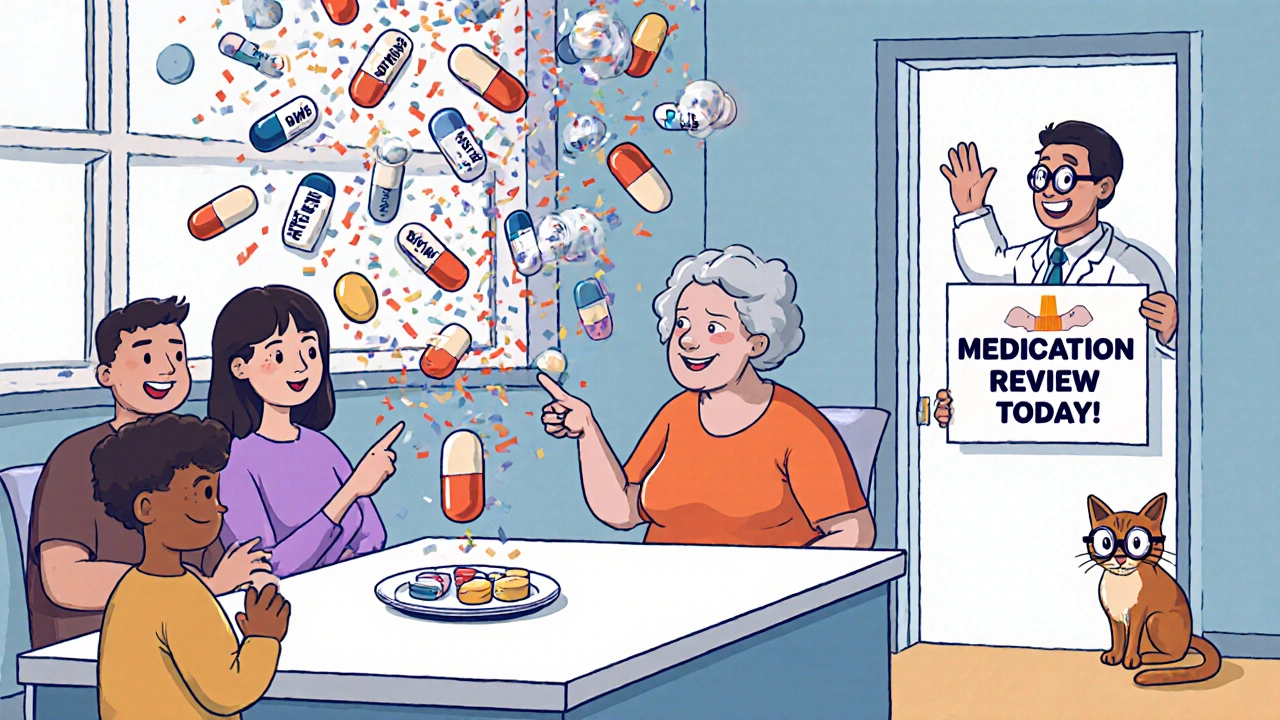 Family at table with one pill on a plate as other meds disappear into confetti, pharmacist smiles nearby.