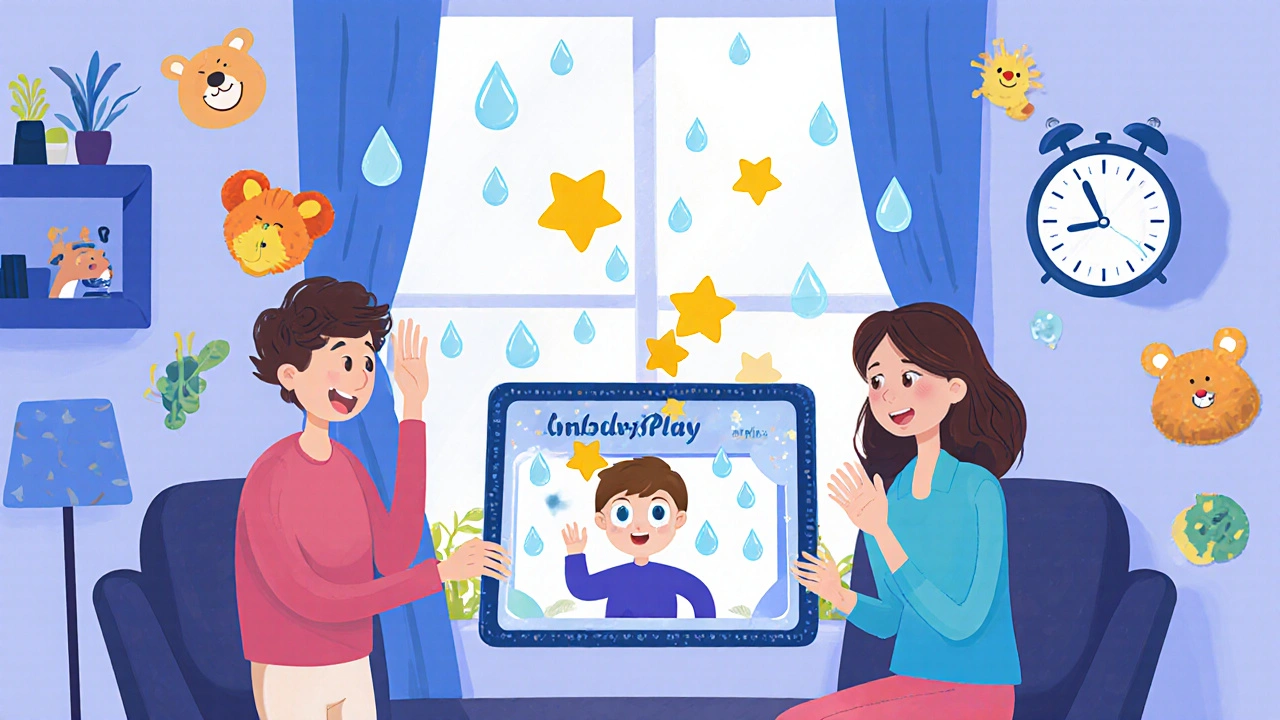 Family plays a vision therapy game on a tablet, with patches and eye drops as playful icons around them.