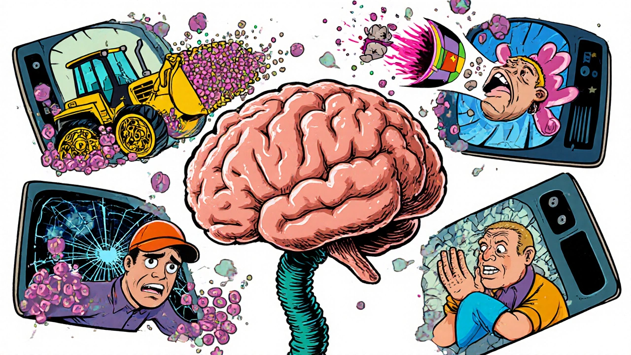 Four comic panels showing different MS damage patterns with cartoon immune cells and collapsing repair workers.