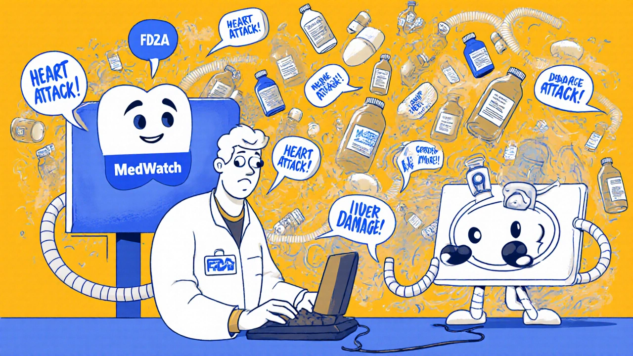 Healthcare worker filing a MedWatch report as generic drug bottles with symptoms swirl around, FDA logo watches nearby.