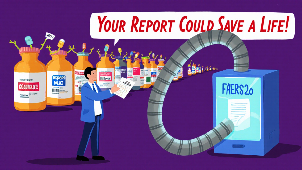 Patient submitting a report to an FDA agent connected to a glowing database, generic drug bottles waving in the background.