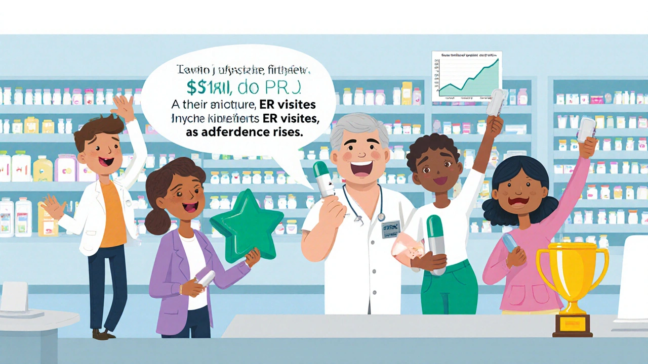 Patients in a pharmacy hold differently shaped pills while a pharmacist explains they&#039;re the same medicine inside.