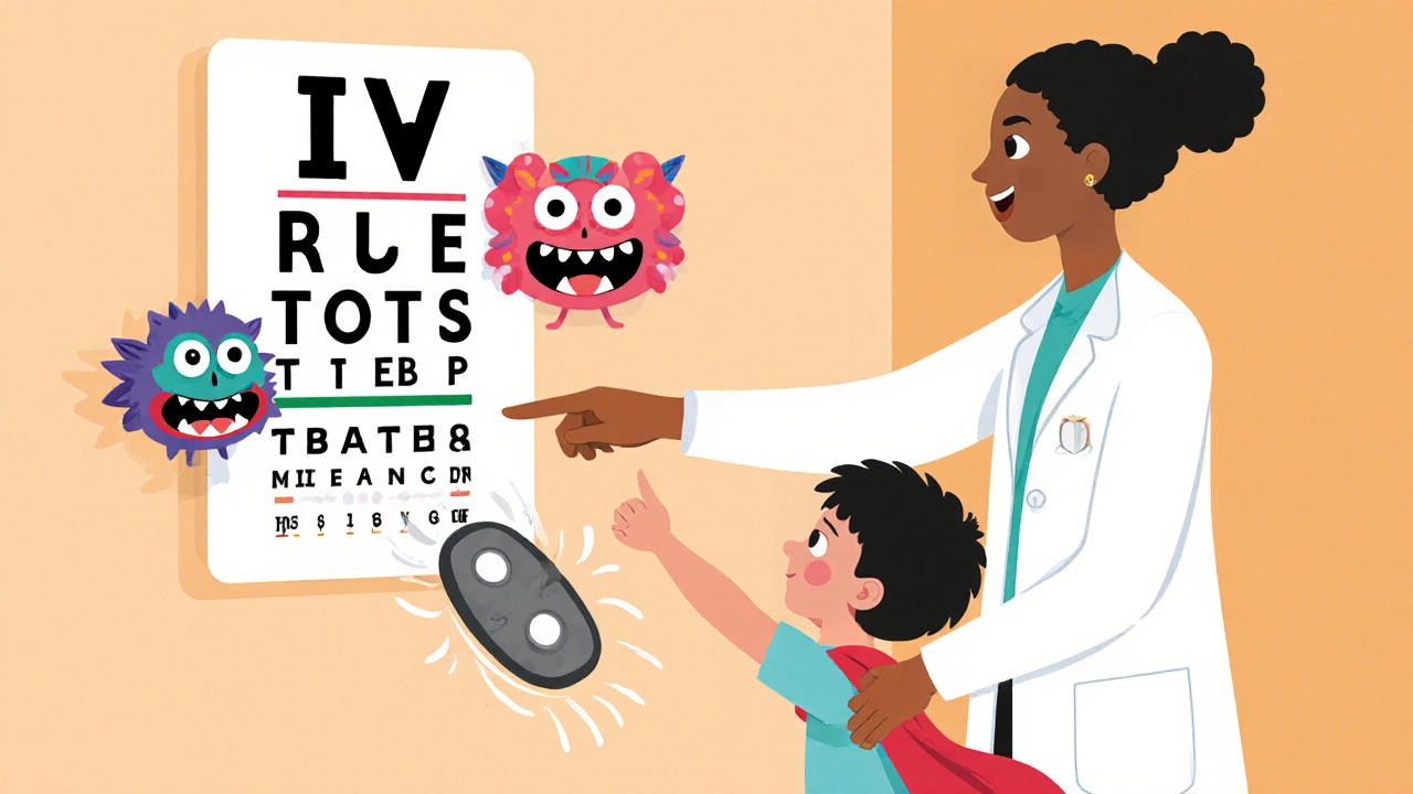 Pediatrician helps child read an eye chart while cartoon amblyopia monsters are defeated by a patch superhero.