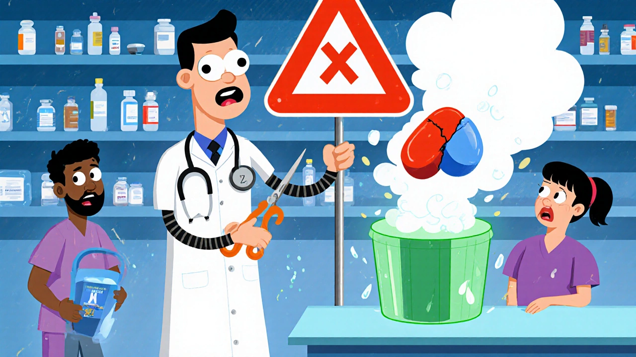 Pharmacist warning against splitting extended-release pills with cartoonish danger signs