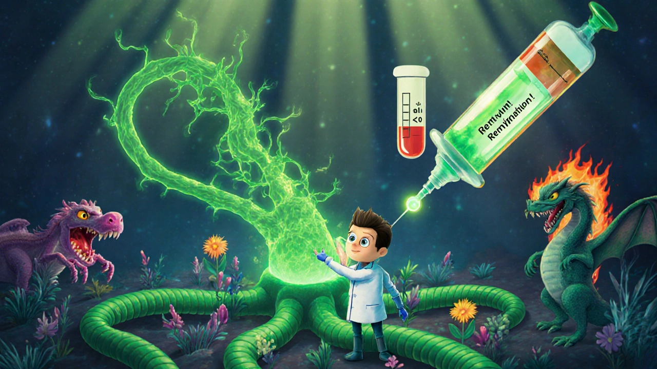 Scientist injecting glowing fluid to regrow myelin vine, microglia turning into gardeners, sNfL test dropping to zero.