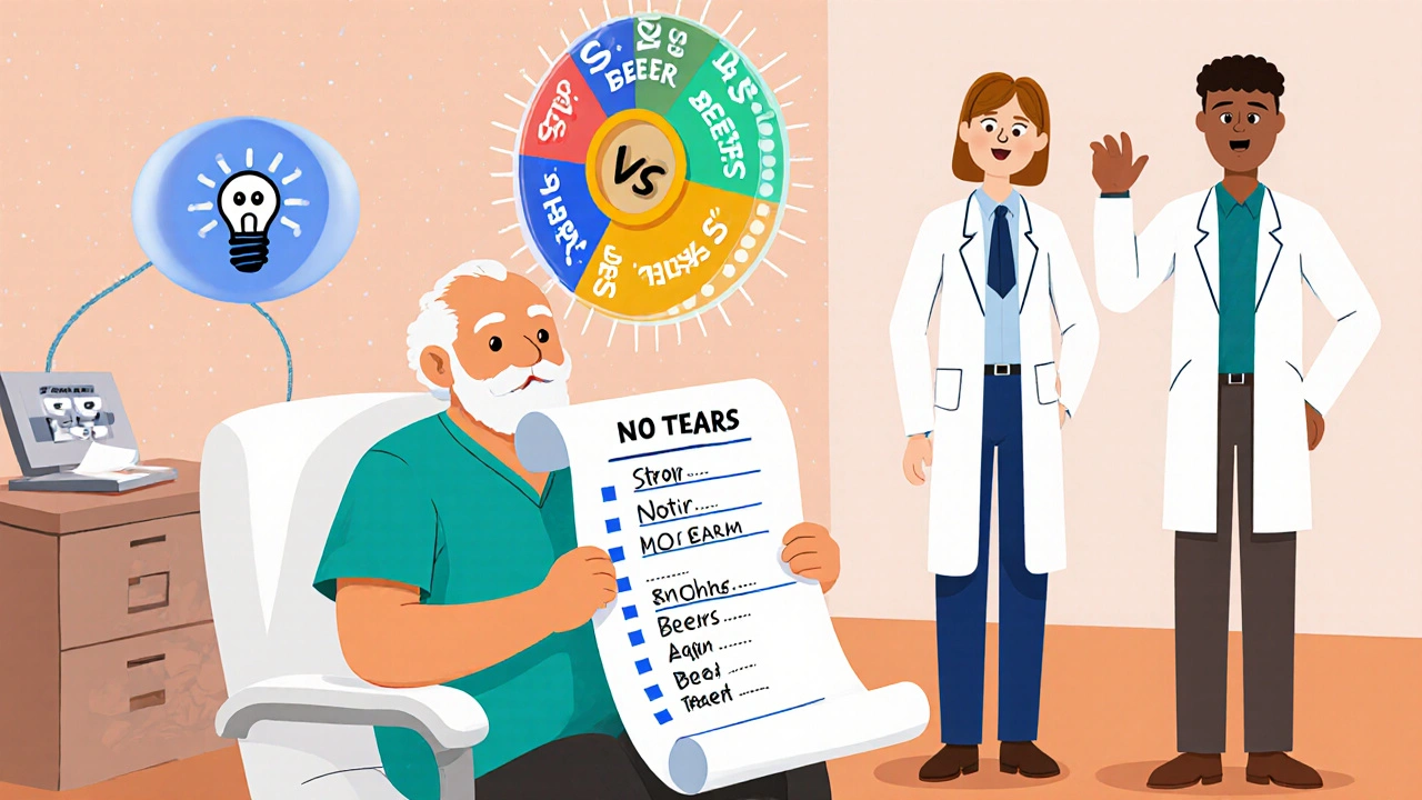 Senior patient with medication list while doctors debate clinical tools on a spinning wheel.