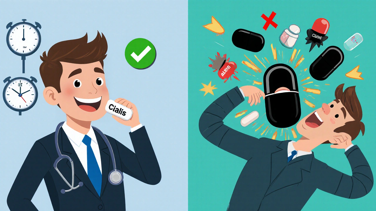 Side-by-side: one man safely taking prescription Cialis, another exploding from a fake black pill.