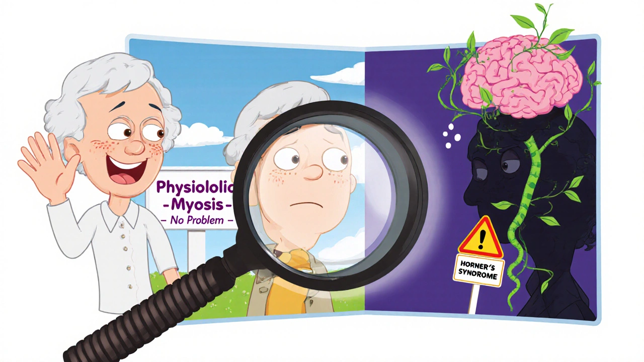 Split scene: one person with normal small pupils smiling, another with unequal pupils as a vine creeps up their neck.