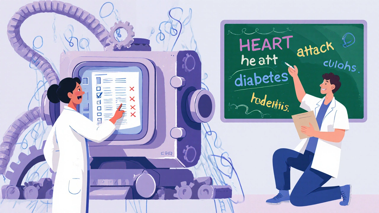 Split scene: one side shows a worker overwhelmed by medical coding software, the other shows them explaining health in simple words to a patient.
