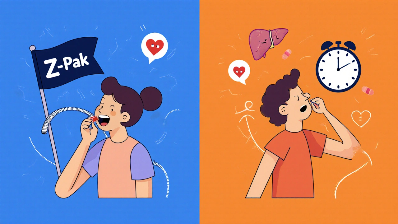 Two patients take different antibiotics: one with a single Z-Pak pill, another with two pills, illustrated with bouncing limbs and floating organ icons.