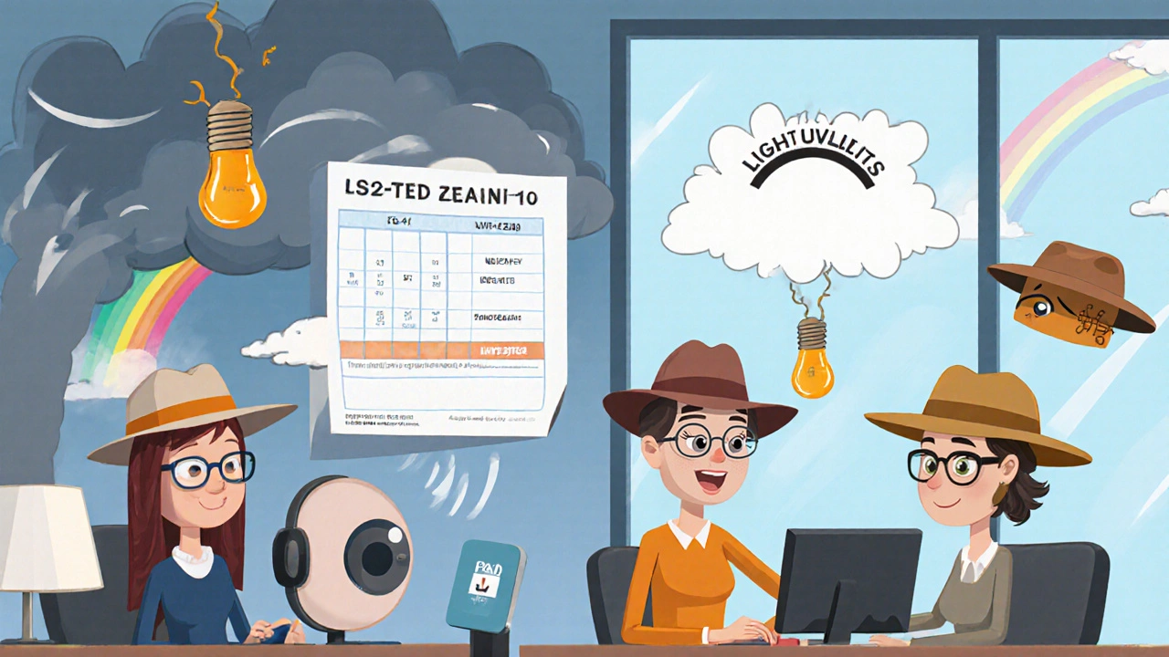 Workplace with warm lighting and FL-41 glasses, floating scorecard and device measuring light sensitivity.