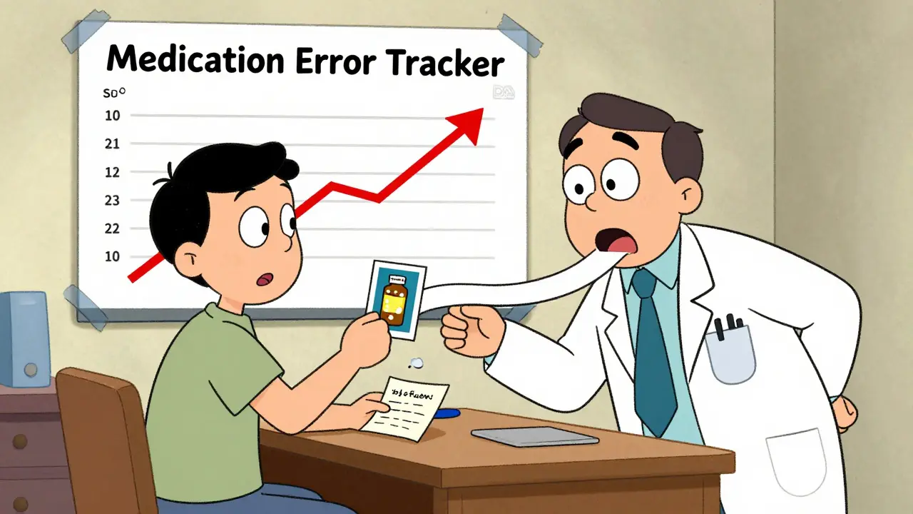 A calm patient shows a photo and note to a surprised doctor in a playful, rubber-hose animated scene.