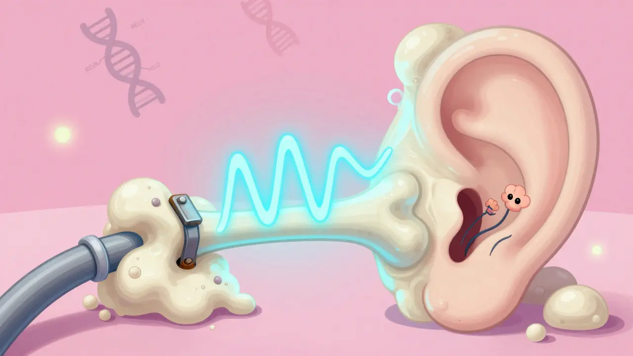 A cartoon ear with spongy bone growth trapping a stapes bone, while sound waves bounce away uselessly.