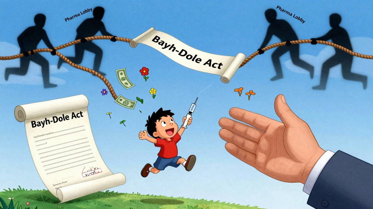 A child receives insulin as the U.S. government activates a legal act, while pharma lobbyists&#039; ropes snap and turn to flowers.