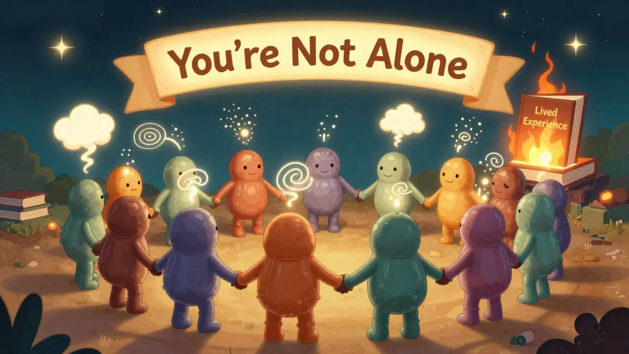 A circle of diverse cartoon figures passing symptoms into light, under a starry sky, with a burning textbook and a glowing new book rising behind them.