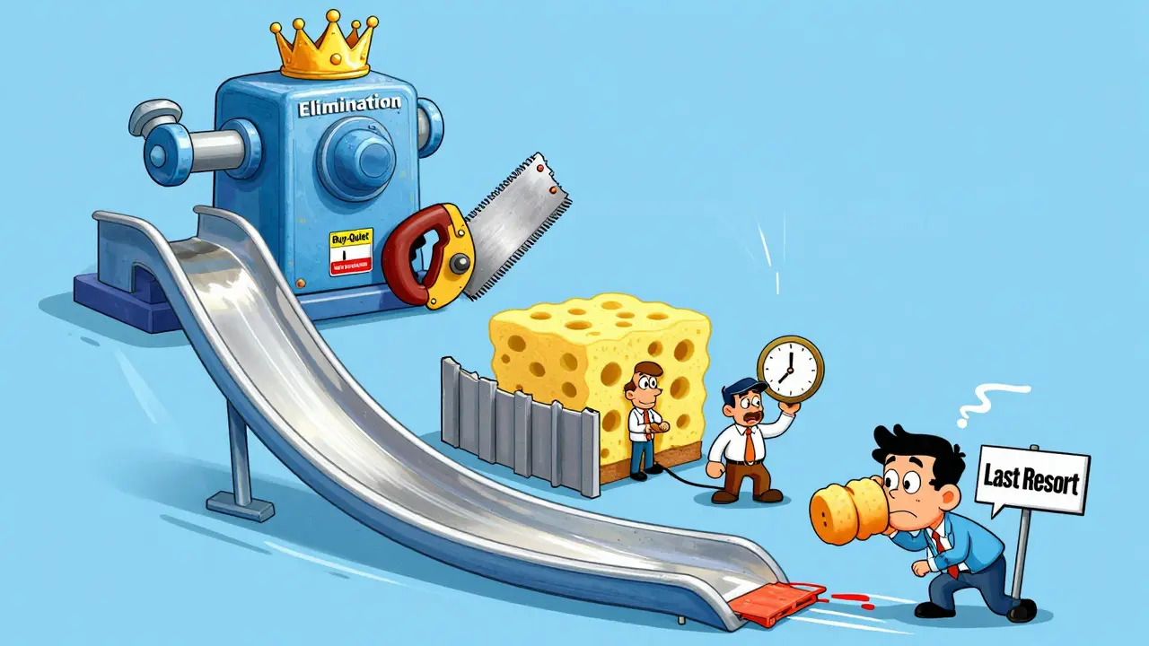 A colorful slide showing noise control hierarchy from quiet machines at top to a tiny earplug at bottom, all in bouncy cartoon style.