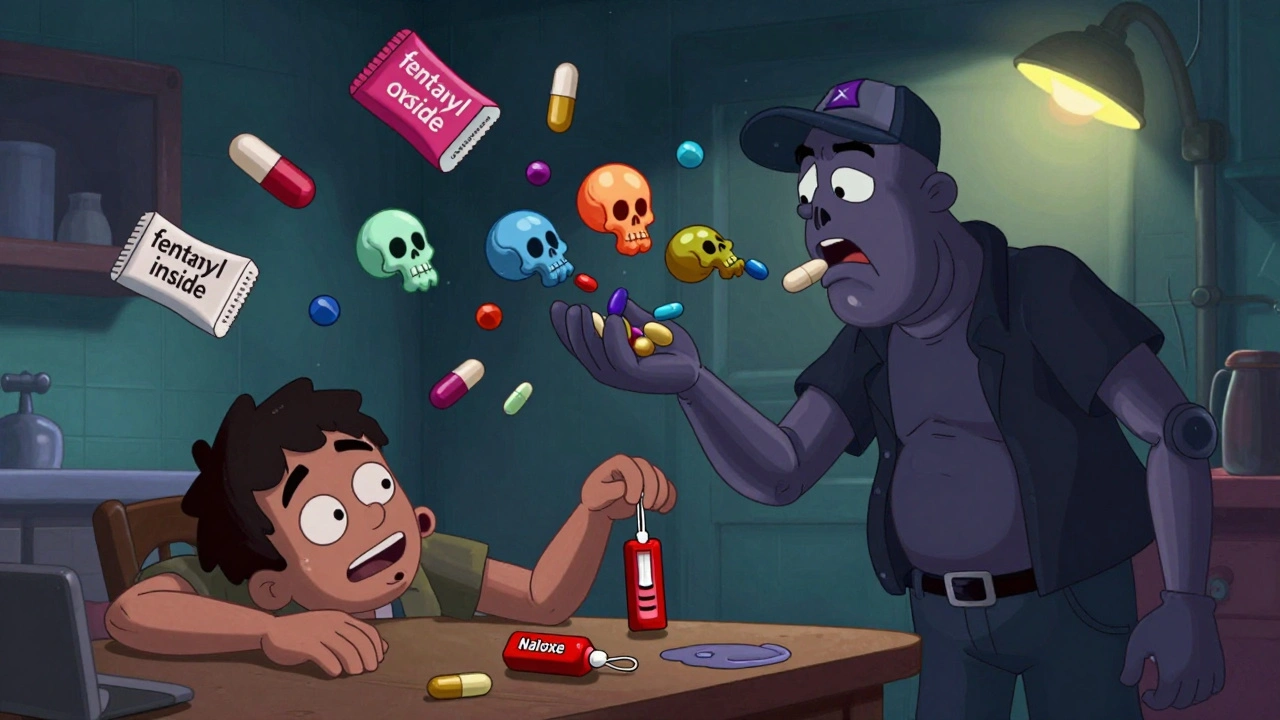 A dealer handing out pills that turn into skulls, with an overdose victim slumped nearby in a dark, surreal cartoon scene.