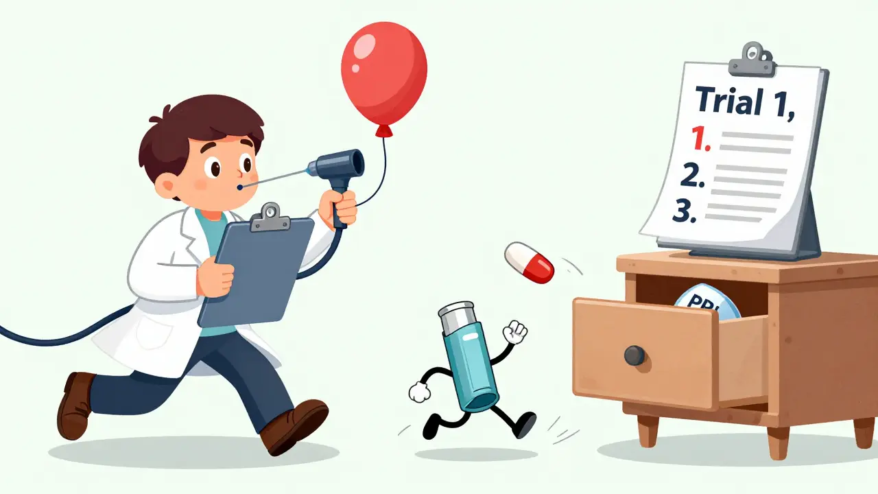 A doctor and patient using a spirometer, with asthma inhaler and PPI pill characters racing toward a treatment checklist.