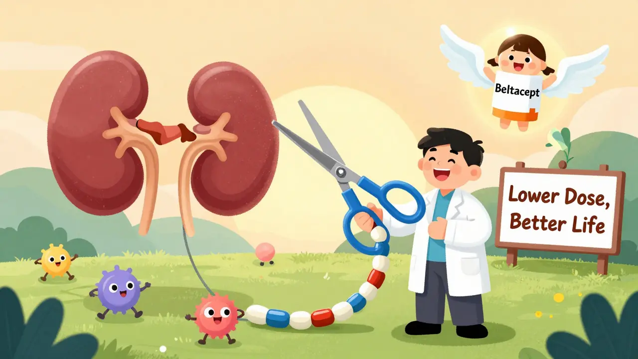 A doctor cutting pill chains as a new drug flies in, with healthy kidneys and dancing cells.