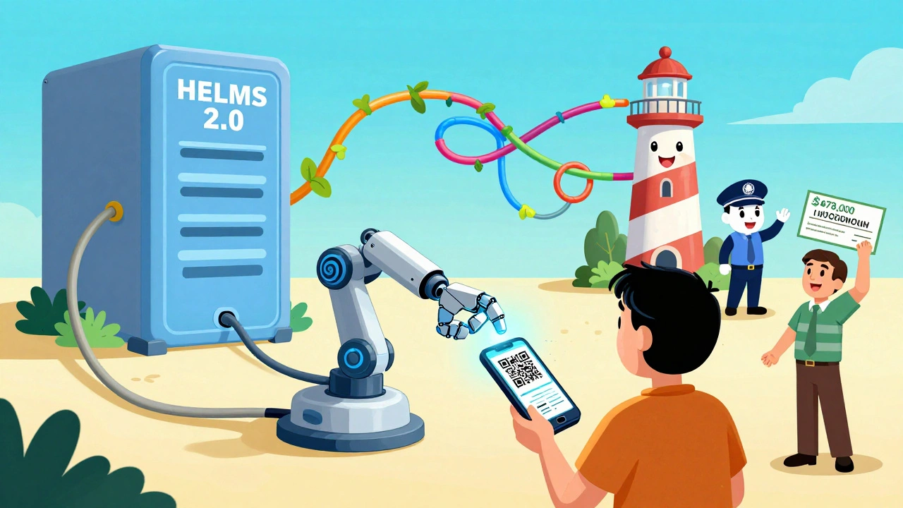 A futuristic system scans a digital pharmacy license with blockchain vines connecting to a smiling lighthouse server labeled HELMS 2.0.