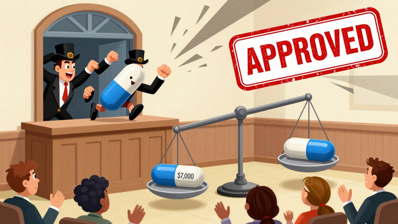 A generic pill escapes court as a giant FDA approval stamp falls, with price scales showing ,000 vs 0 pills.