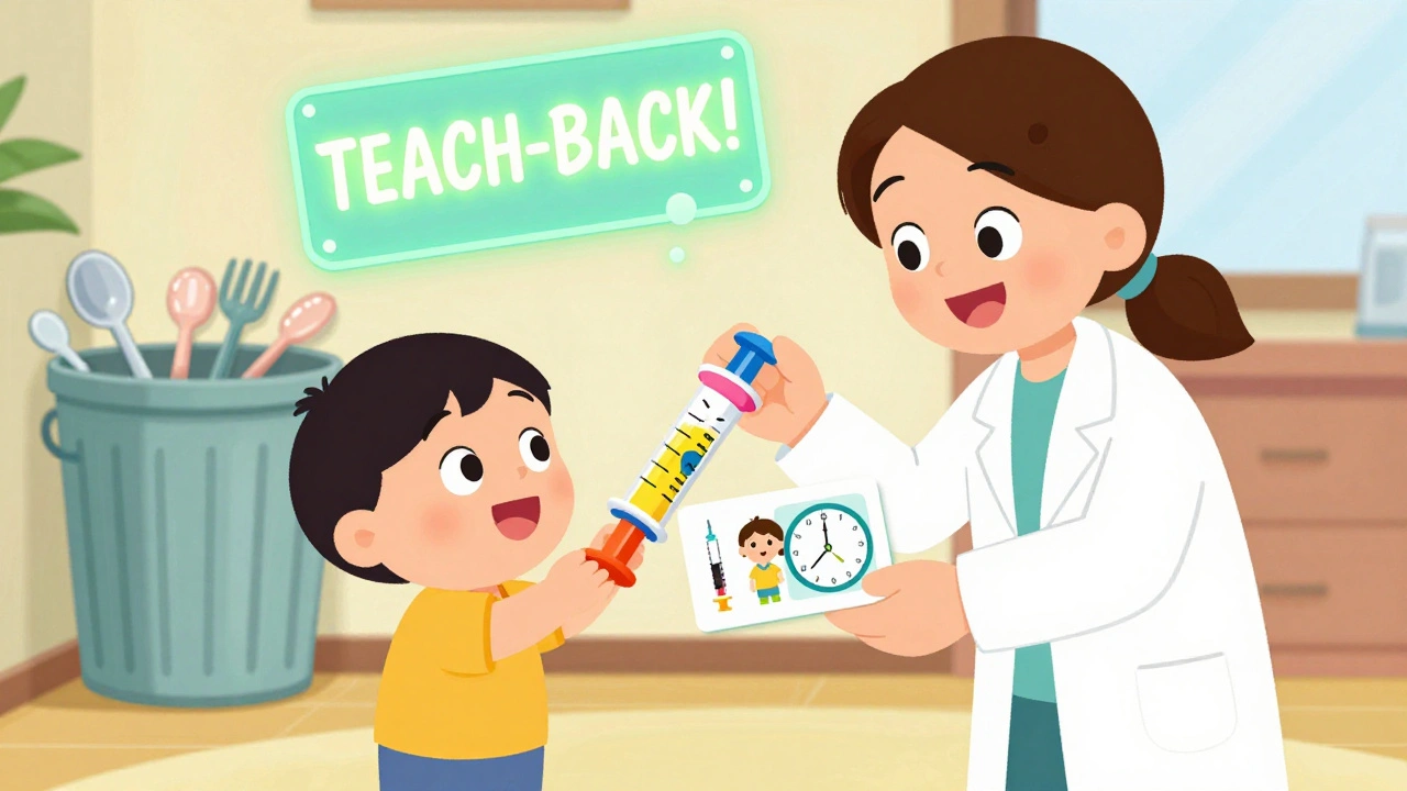 A parent correctly uses a dosing syringe with a visual guide, while discarded kitchen spoons pile up in the background.