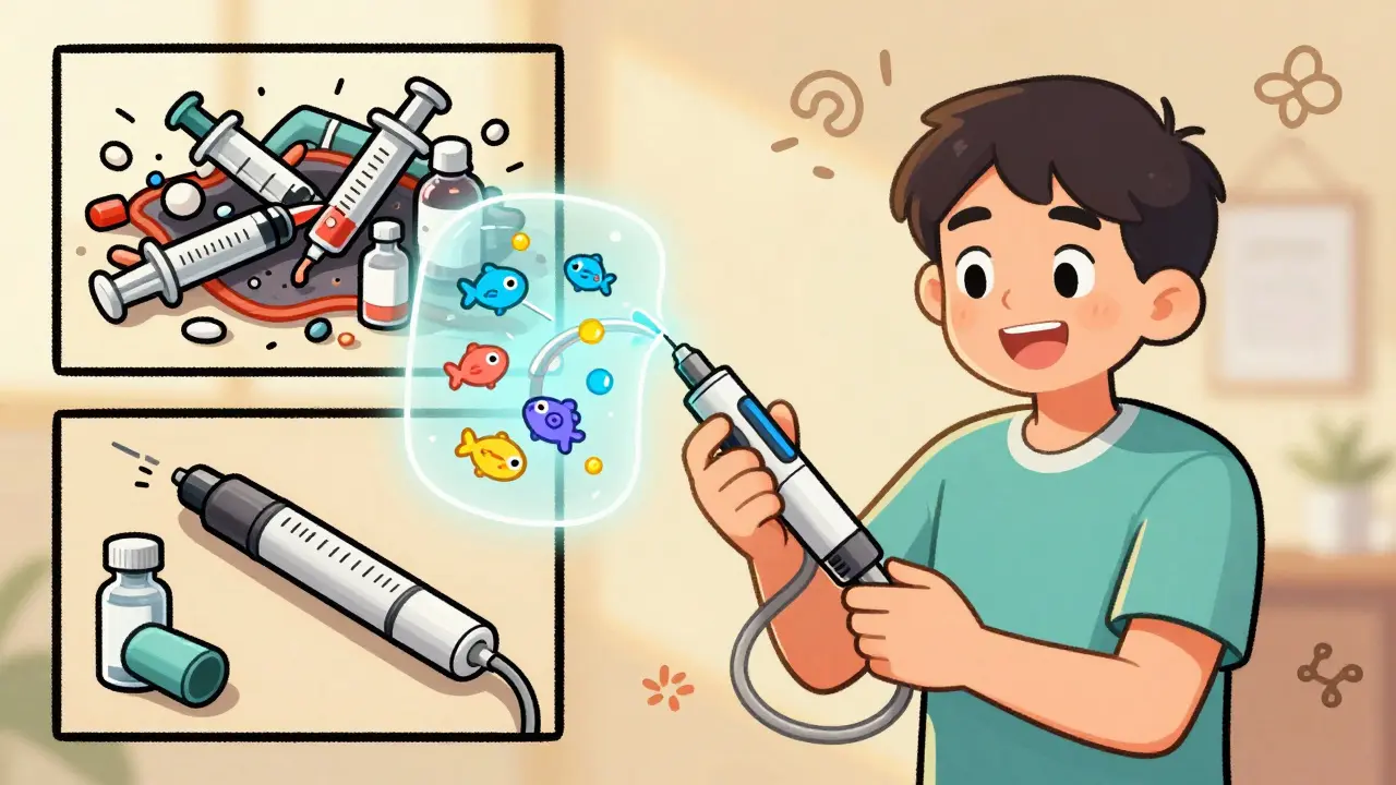 A patient uses a glowing insulin pen with friendly drug particles flowing into blood vessels.