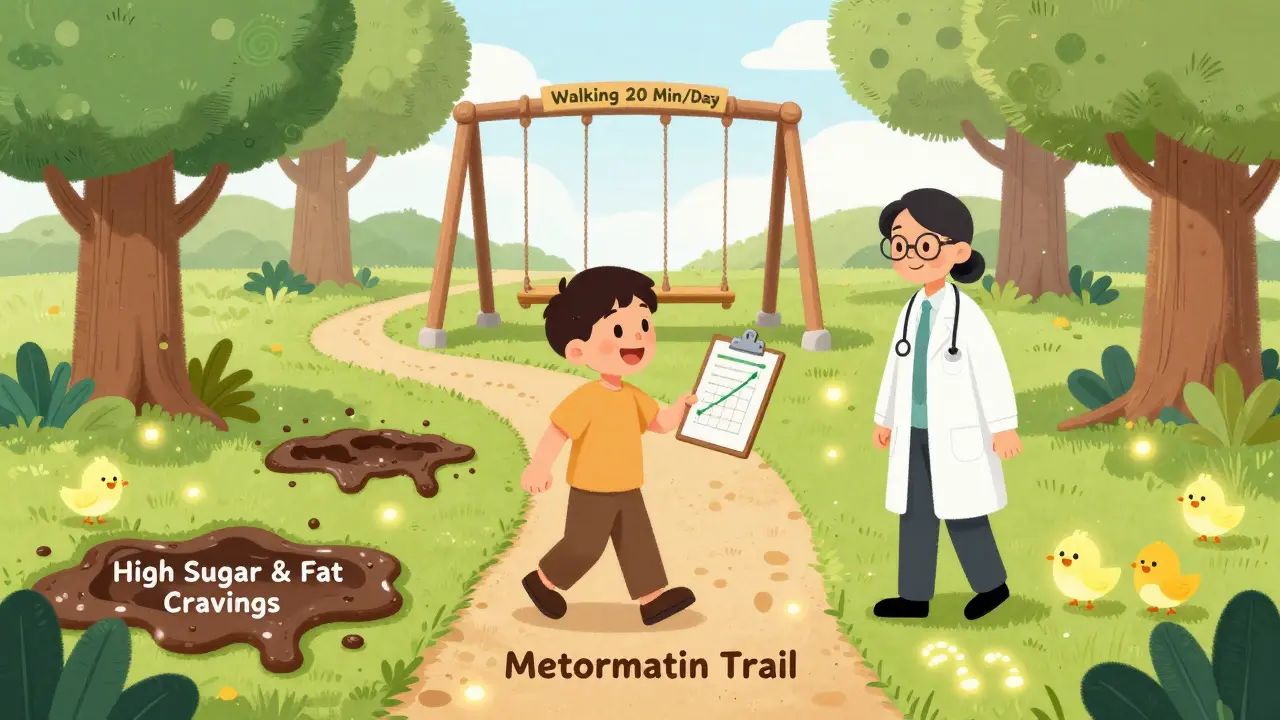 A patient walking with healthcare providers through a vegetable-themed park, following a path to healthier habits.