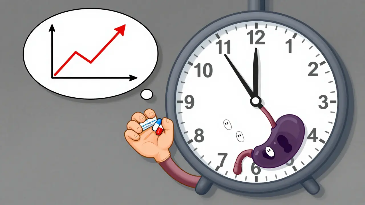 A patient with a rising TSH graph thought bubble, holding thyroid and PPI pills, while stomach acid pumps remain off despite hours apart.