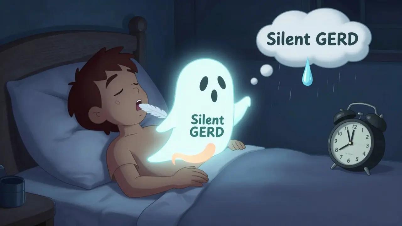 A person in bed at night, haunted by a ghost labeled 'Silent GERD' tickling their throat, with a dripping nasal cloud above.