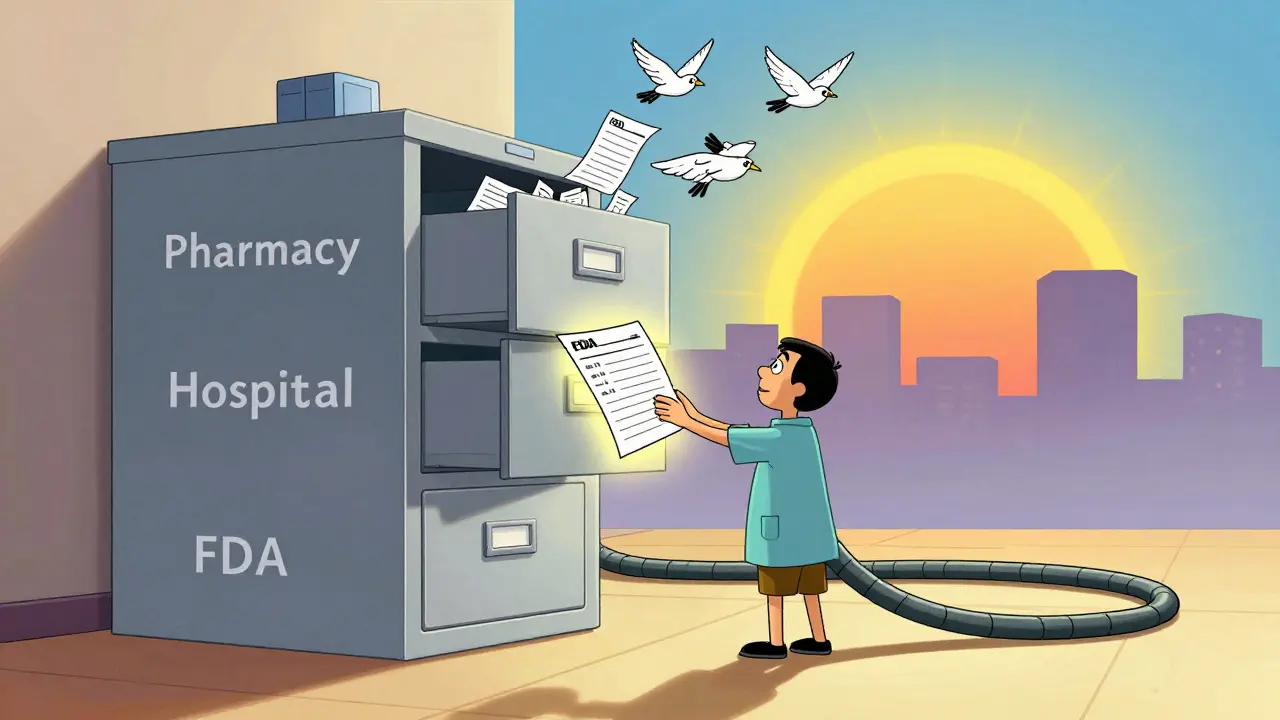 A person opens a filing cabinet that releases report papers turning into birds flying toward the sun.