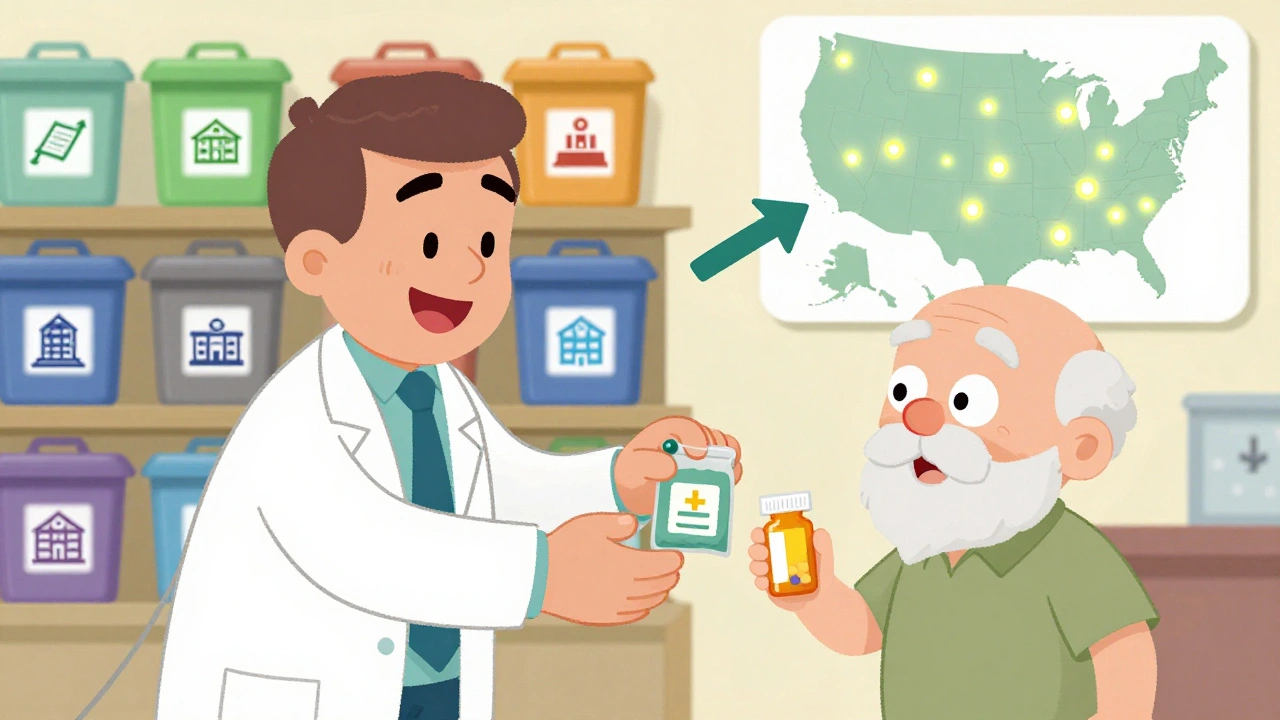 A pharmacist handing a deactivation pouch to an elderly man near collection site icons.