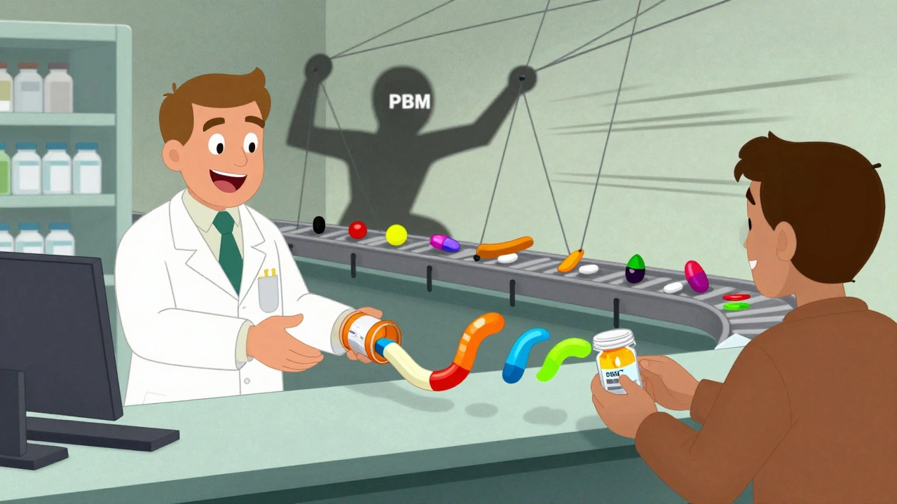 A pharmacist handing out warping generic pills while a shadowy PBM pulls strings behind the counter.