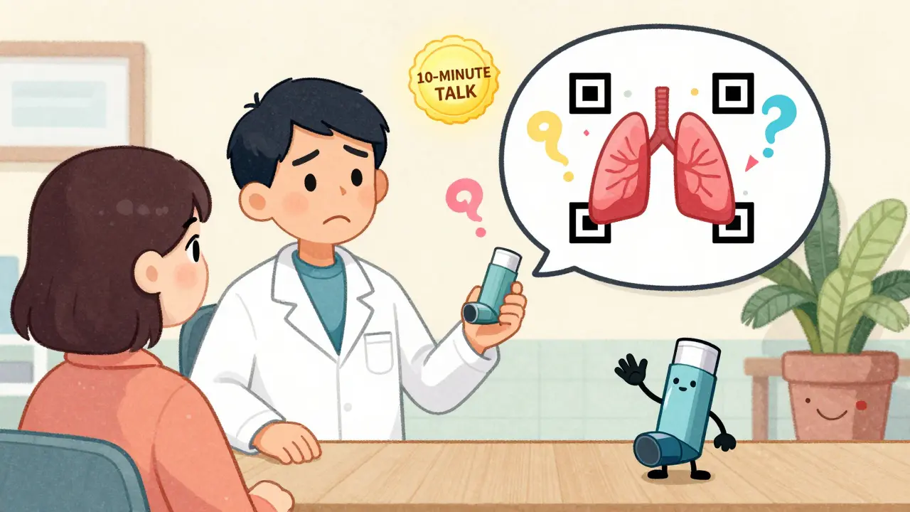 A pharmacist hands a new inhaler while an old one waves goodbye with a QR code tutorial nearby.