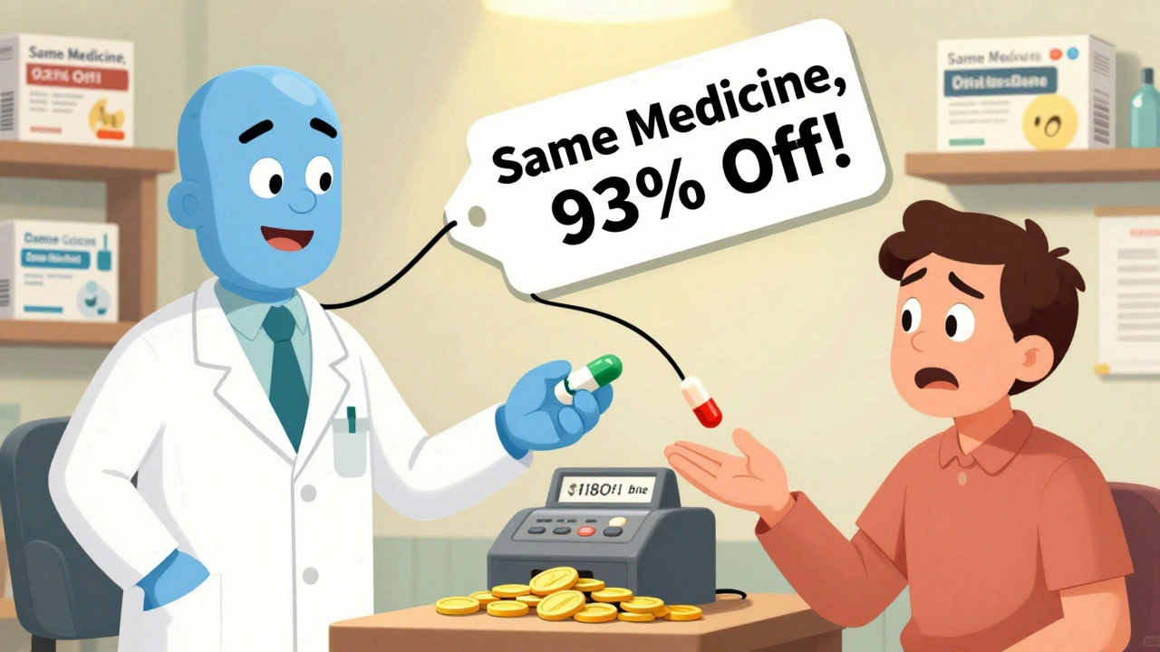 A pharmacist offers two generic pills with wildly different prices, one snapping down to a tiny cost in a rubber hose animation.