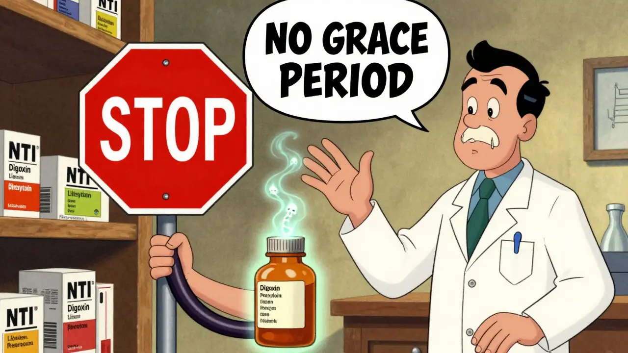 A pharmacist stopping a patient from taking an expired NTI drug, with invisible toxic fumes rising.