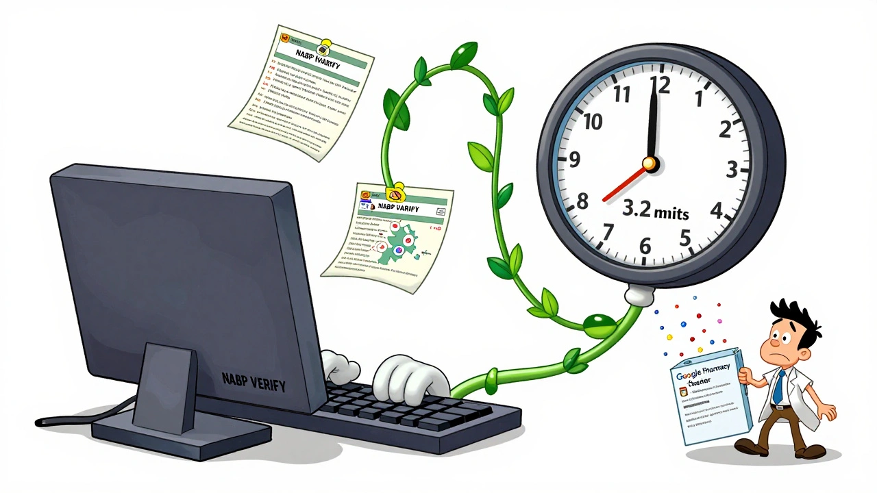 A pharmacist uses NABP Verify to check licenses across 41 states, with a clock dramatically shrinking from 47 to 3.2 minutes.