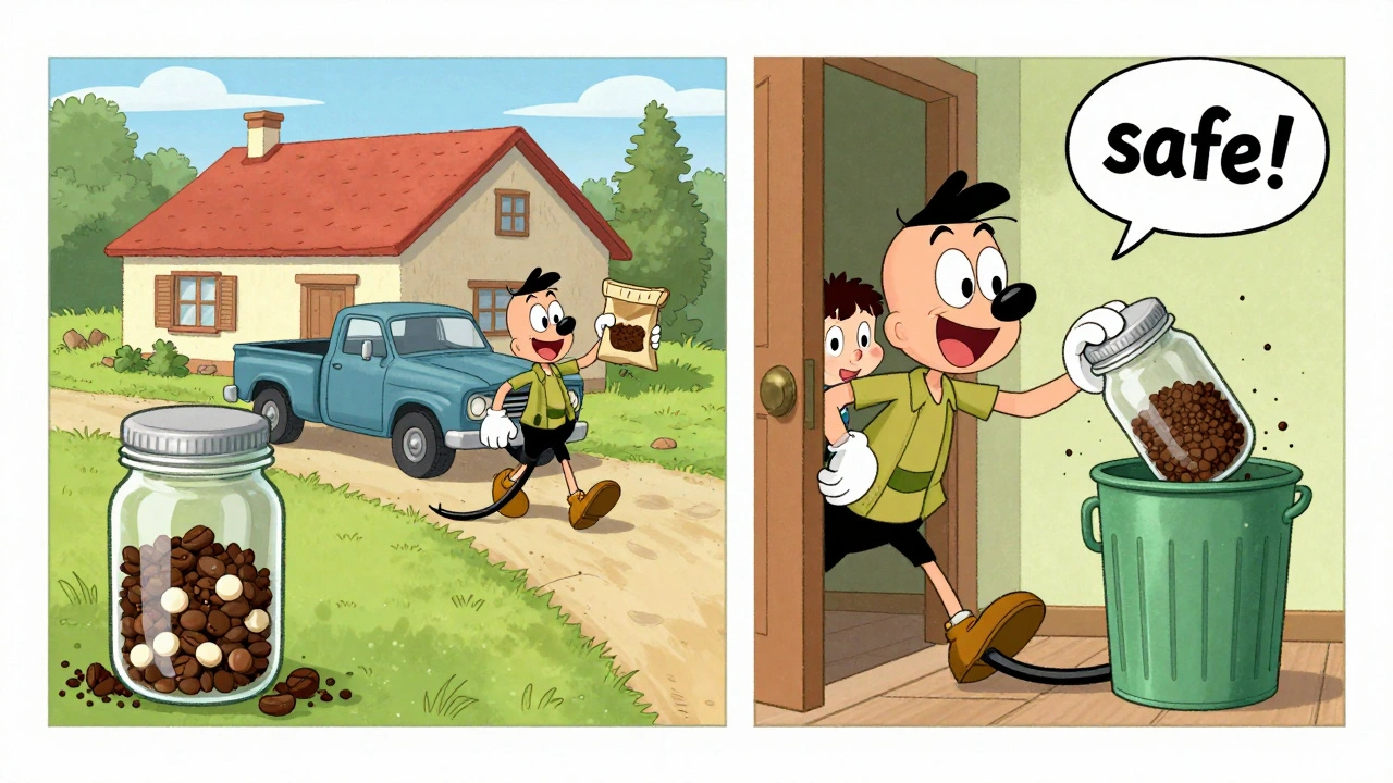 A rural character mixing pills with coffee grounds and disposing of them safely.